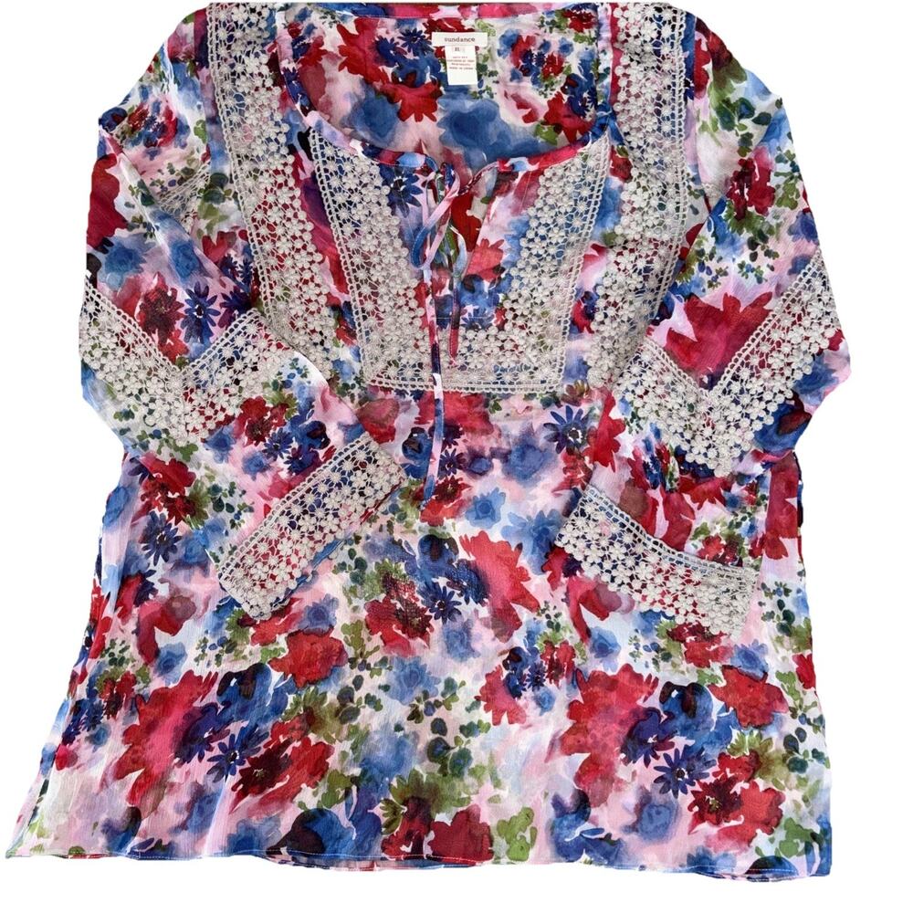 SUNDANCE 100% Silk Sheer Blouse Tunic Top Lace Sz XL Boho Peasant Cottagecore